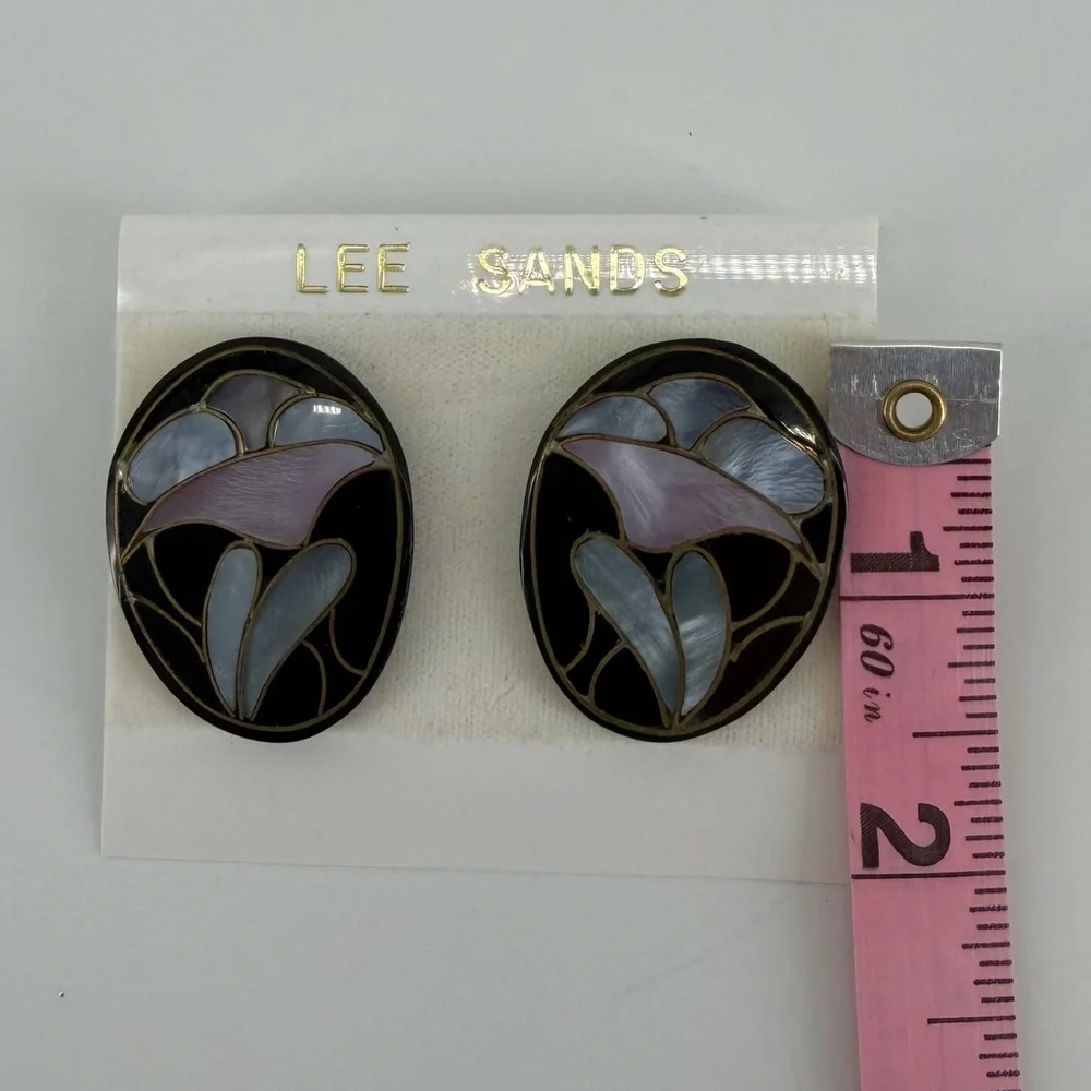 Vintage Lee Sands Mother of Pearl Inlay Black Floral Earrings